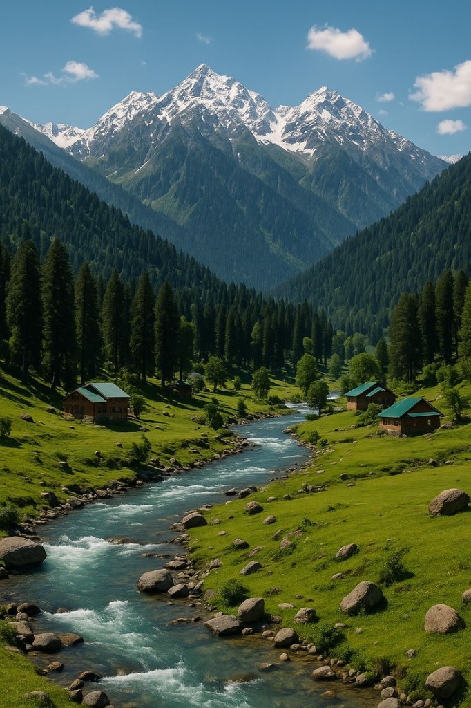 Himalayan valley with turquoise river, green meadows and snow-capped peaks in Himachal Pradesh